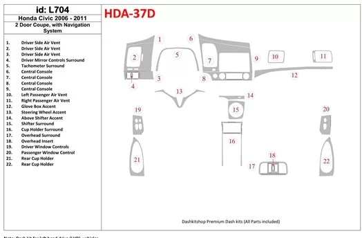 Honda Civic 2006-2011 2 Doors, With NAVI system BD Interieur Dashboard Bekleding Volhouder