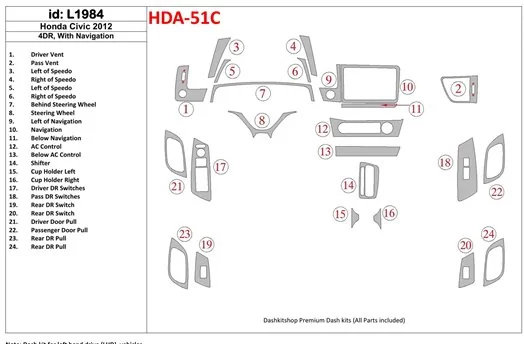 Honda Civic 2012-UP Sedan, With NAVI BD Interieur Dashboard Bekleding Volhouder