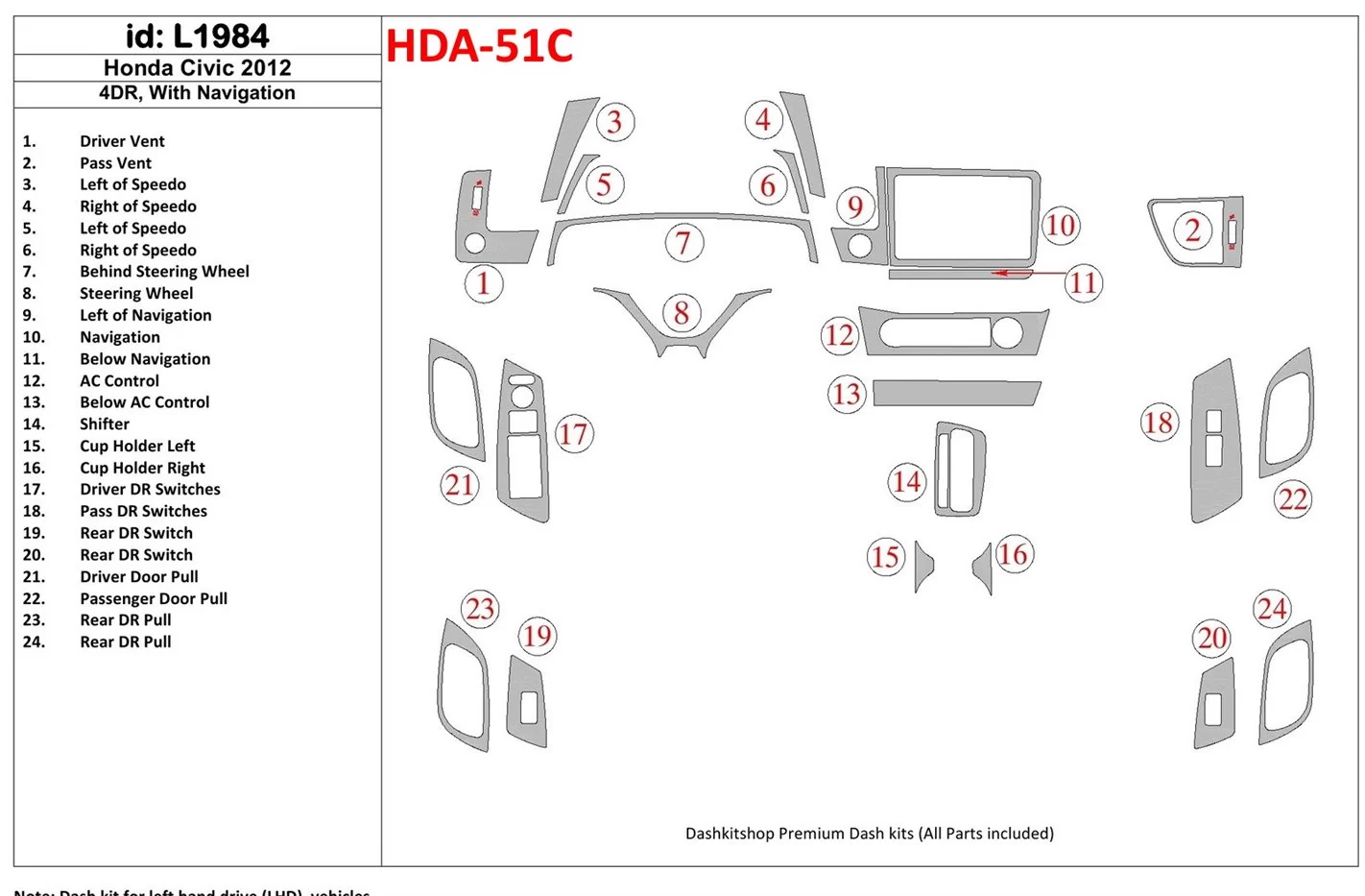 Honda Civic 2012-UP Sedan, With NAVI Interior BD Dash Trim Kit