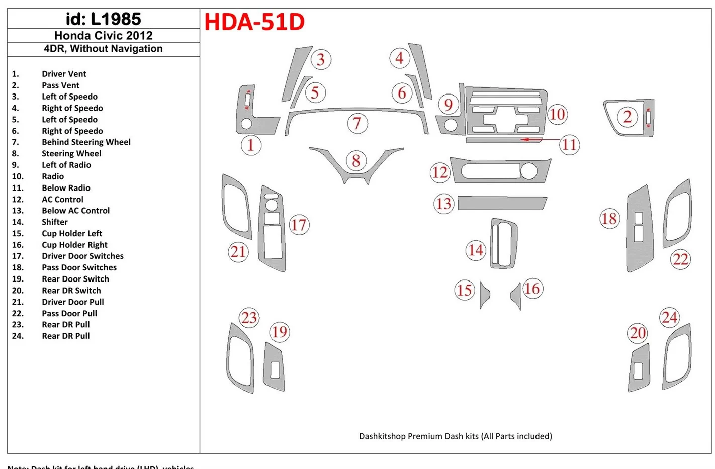 Honda Civic 2012-UP Sedan, Without NAVI BD Interieur Dashboard Bekleding Volhouder
