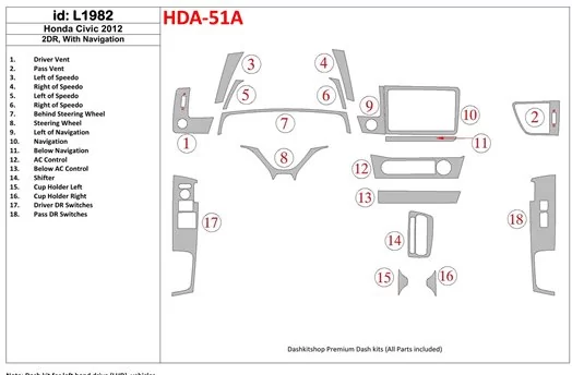 Honda Civic 2012-UP Avec NAVI BD Kit la décoration du tableau de bord - 1 - habillage decor de tableau de bord