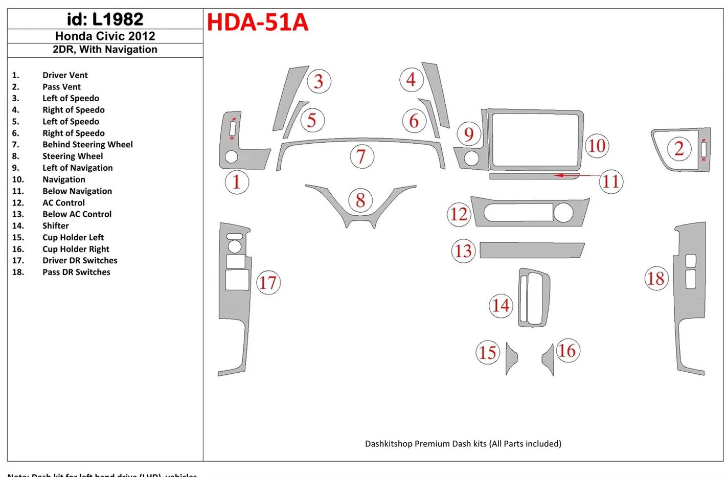 Honda Civic 2012-UP With NAVI BD Interieur Dashboard Bekleding Volhouder