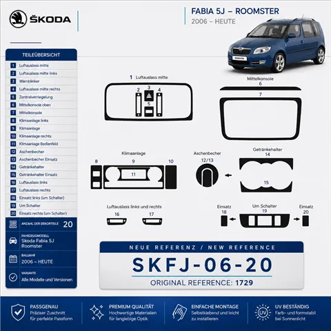 Skoda Fabia 5J Roomster 2006-heute 3D Cockpit Dekor Interieurleisten Set 20-teilig 2