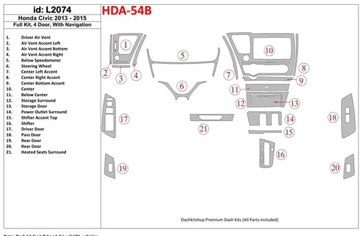 Honda Civic 2013-UP Full Set, 4 Doors, With NAVI BD Interieur Dashboard Bekleding Volhouder