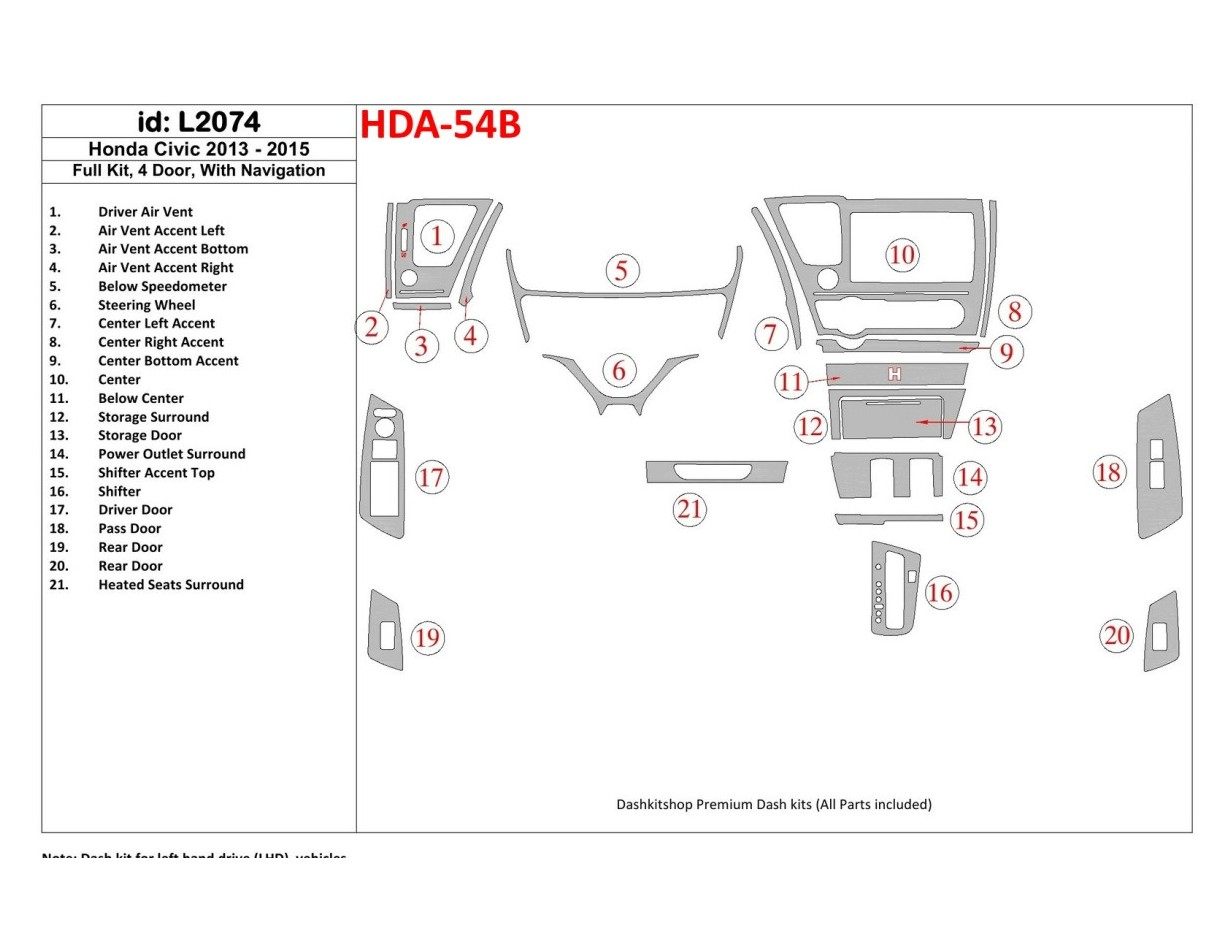 Honda Civic 2013-UP Full Set, 4 Doors, With NAVI Cruscotto BD Rivestimenti interni