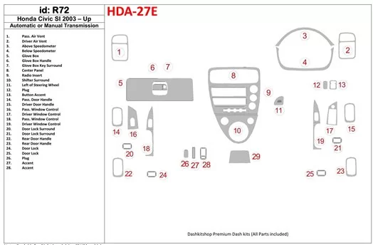 Honda Civic SI 2002-UP SI Model Interior BD Dash Trim Kit