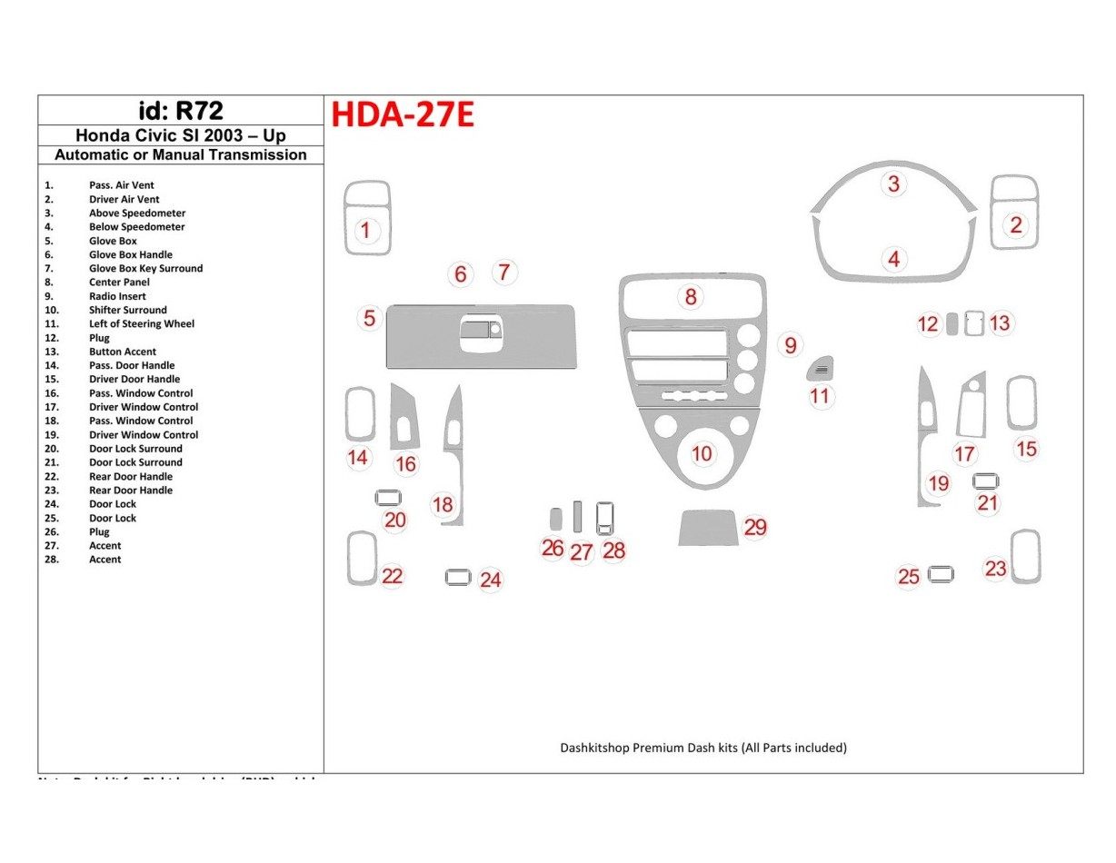 Honda Civic SI 2002-UP SI Model Decor de carlinga su interior