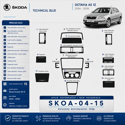 Skoda Octavia A5 1Z 2004-2009 3D kit décoration intérieure tableau de bord 15 pièces 2