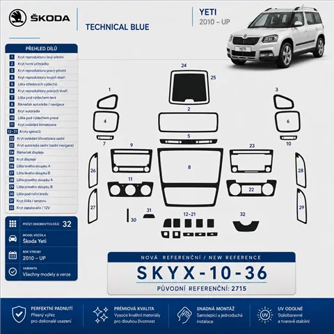 Skoda Yeti 2010-in poi kit rivestimento cruscotto e interni 3D 36 pezzi 2