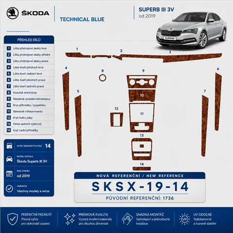Skoda SuperB 2019 up 3D Interior Dashboard Trim Kit Dash Trim Dekor 14-Parts 2