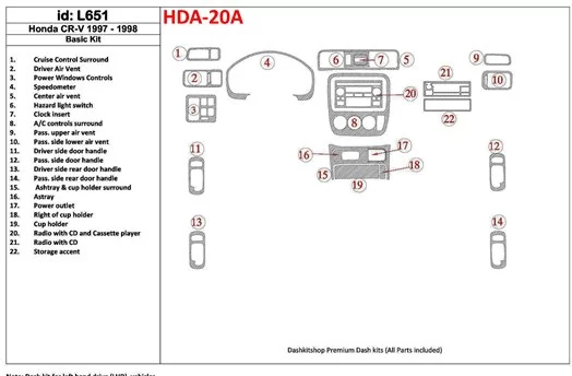 Honda CR-V 1997-1998 Basic Set, 22 Pieces, Interior BD Dash Trim Kit