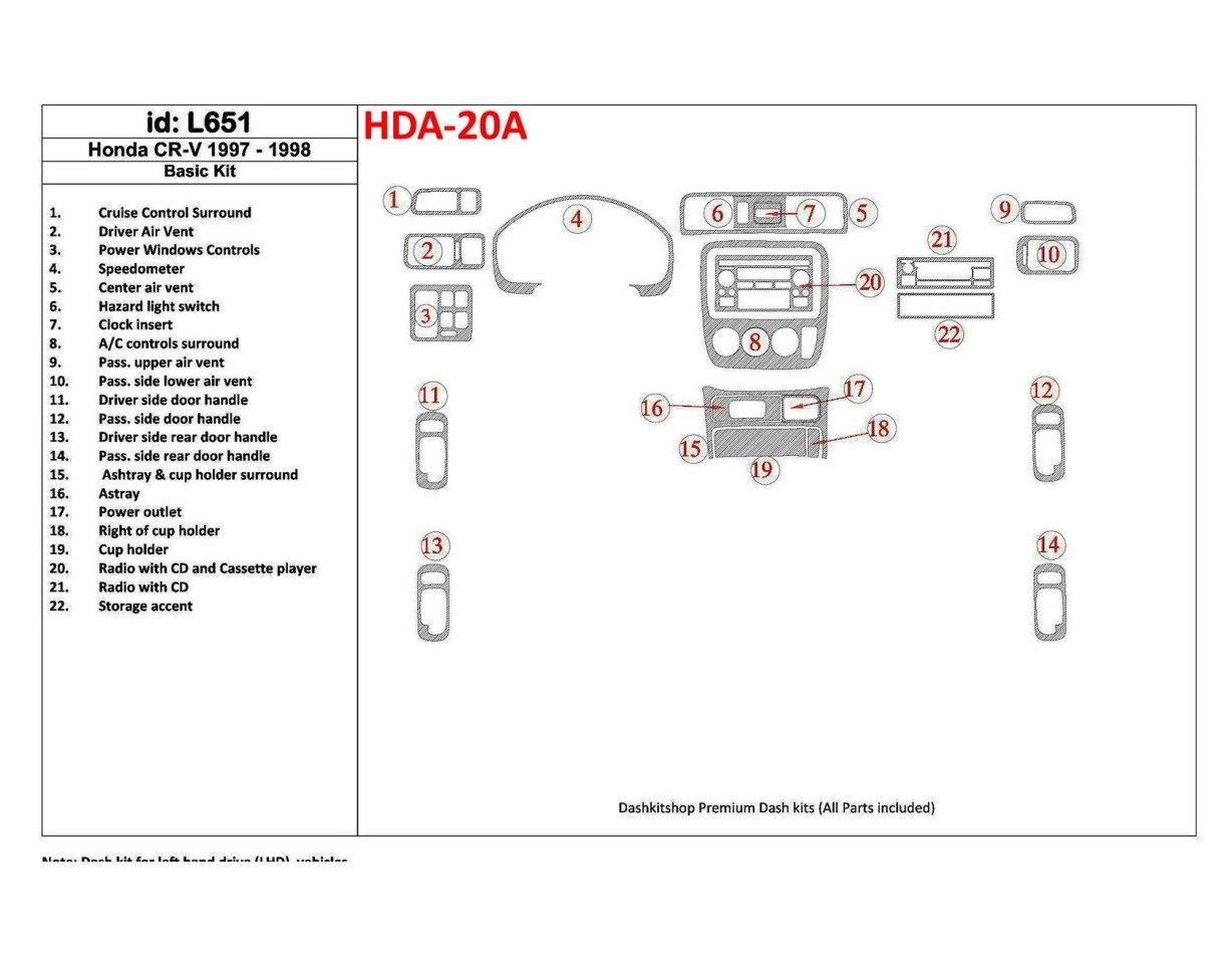 Honda CR-V 1997-1998 Paquet de base, 22 Pieces, BD Kit la décoration du tableau de bord - 1 - habillage decor de tableau de bord
