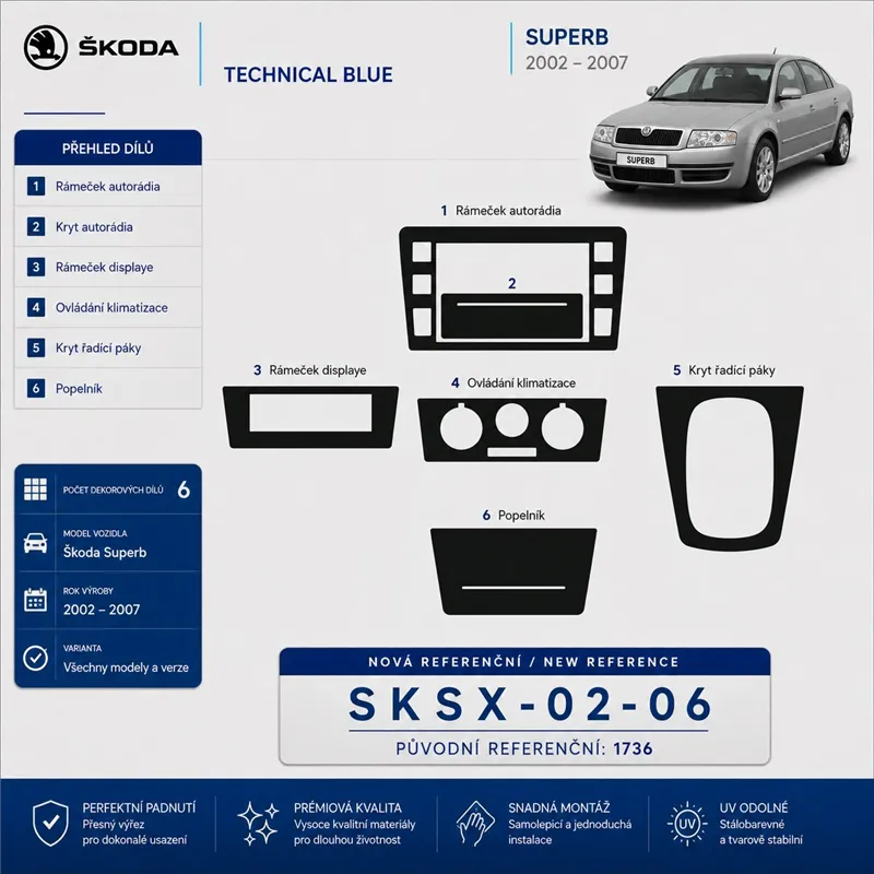 Skoda SuperB 2002-2007 3D interieur dashboard decoratieset dashboard decor 6-delen