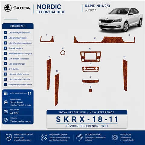 Skoda Rapid 2018 kit 3D de molduras interiores para salpicadero 11 piezas