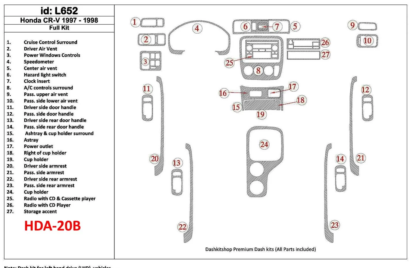 Honda CR-V 1997-1998 Ensemble Complet, 27 Pieces, BD Kit la décoration du tableau de bord - 1 - habillage decor de tableau de bo