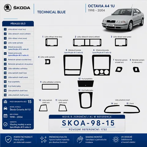 Skoda Octavia A4 1U 1998-2004 3D kit décoration intérieure tableau de bord 15 pièces 2