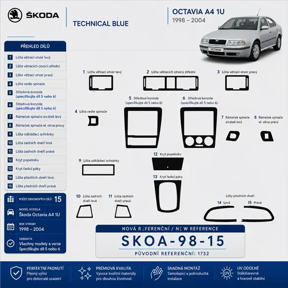 Skoda Octavia A4 1U 1998-2004 kit 3D de molduras interiores para salpicadero 15 piezas