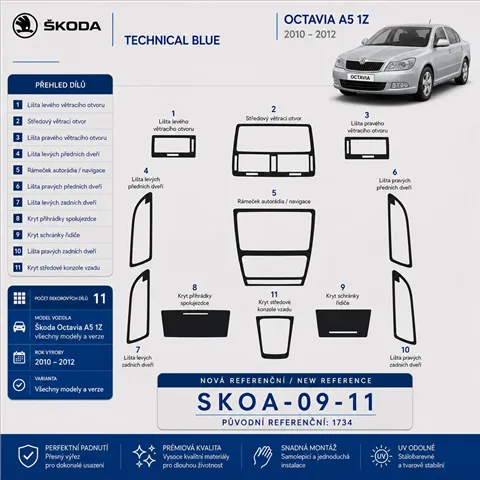 Skoda Octavia A5 1Z 2009-Actualidad kit 3D de molduras interiores para salpicadero 11 piezas