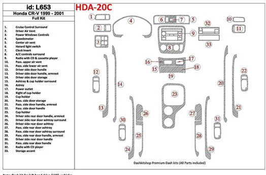 Honda CR-V 1999-2001 Full Set, 33 Parts set Interior BD Dash Trim Kit