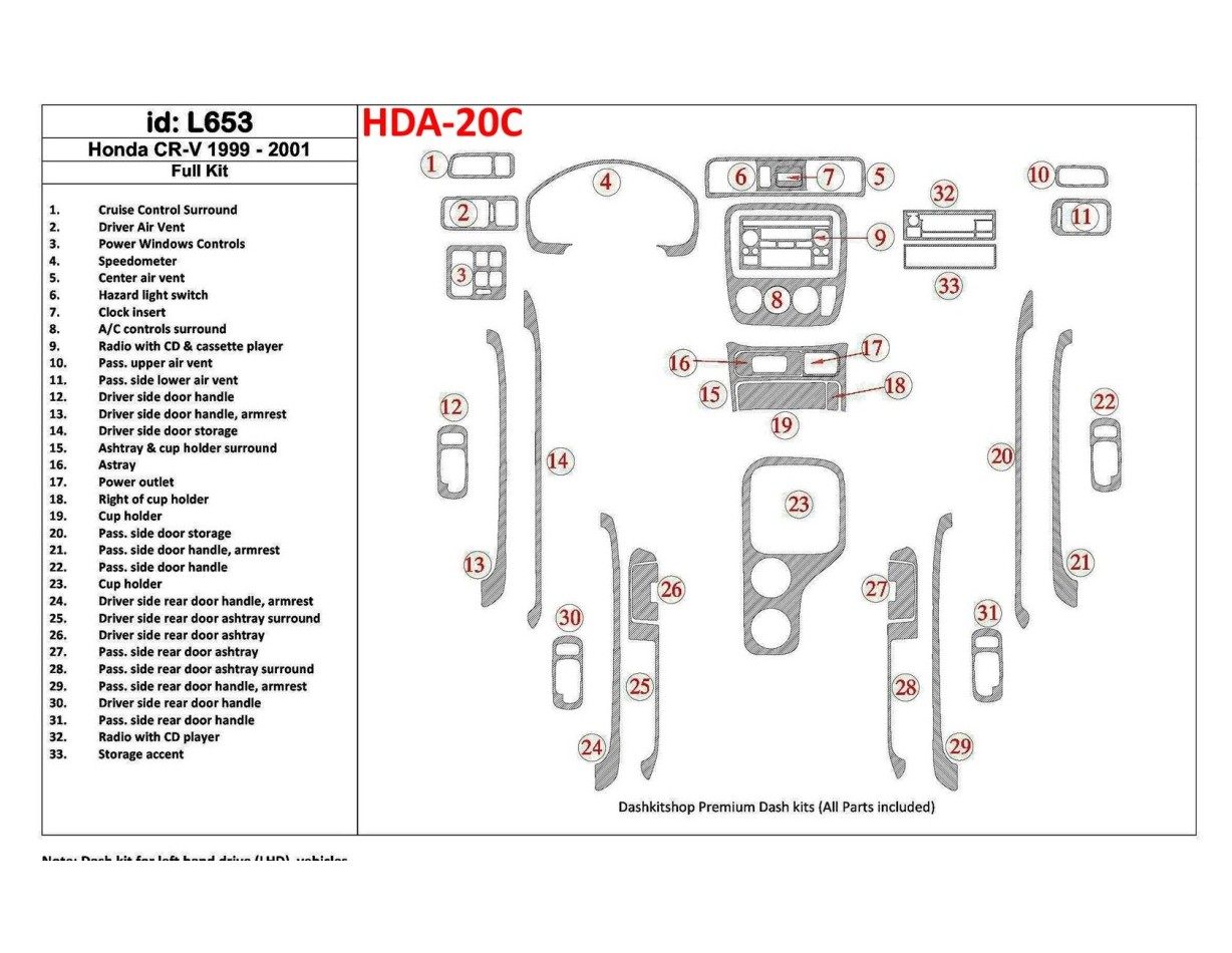 Honda CR-V 1999-2001 Full Set, 33 Parts set Interior BD Dash Trim Kit