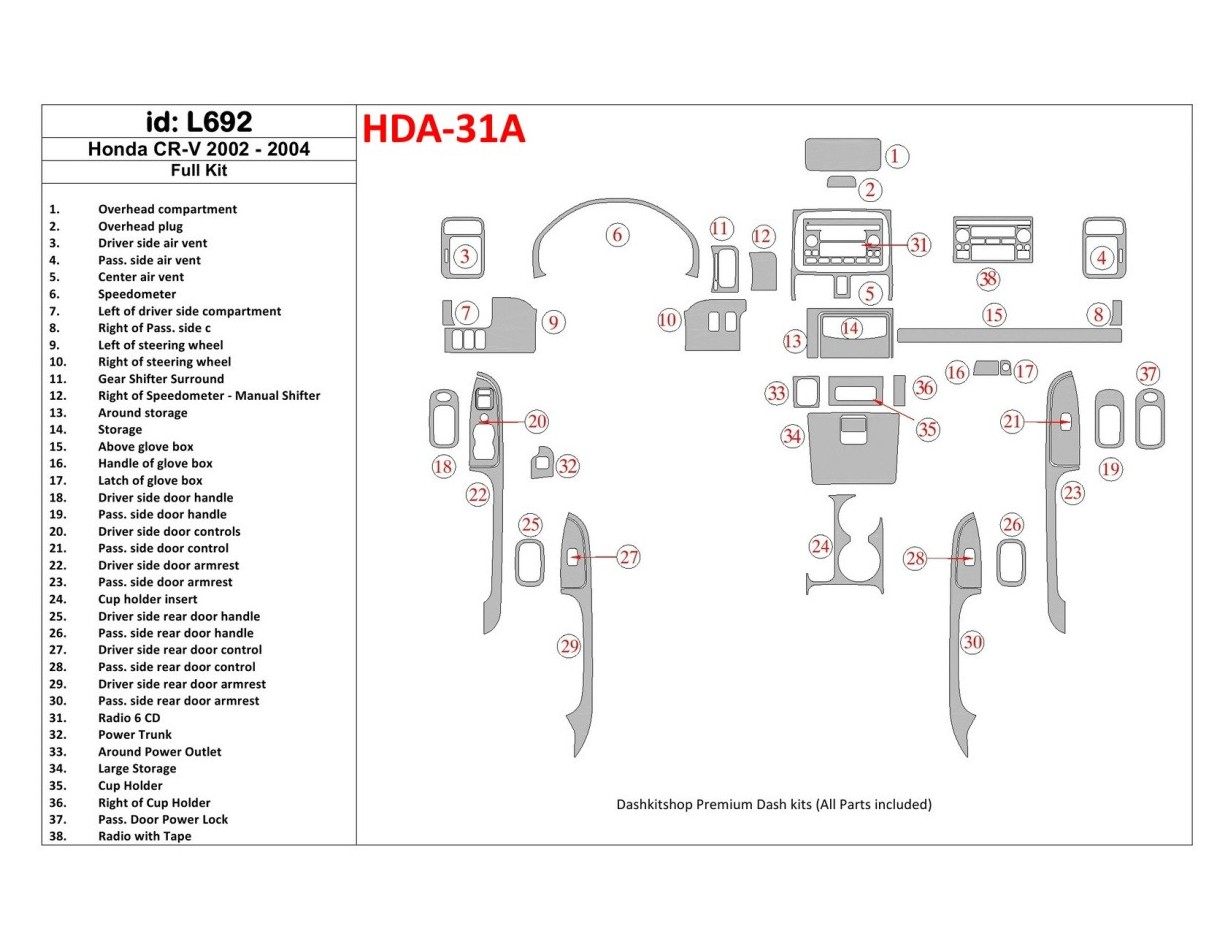 Honda CR-V 2002-2004 Full Set, 30 Parts set BD Interieur Dashboard Bekleding Volhouder