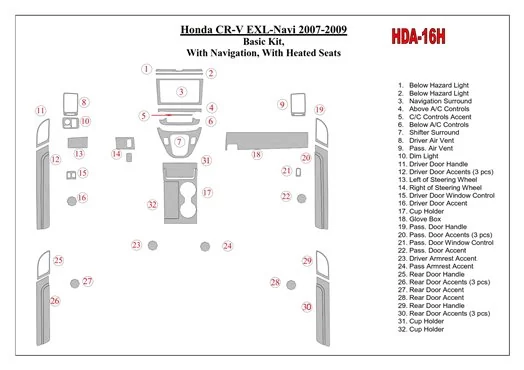 Honda CR-V 2007-2009 Basic Set, With NAVI,with Heated Seats Interior BD Dash Trim Kit