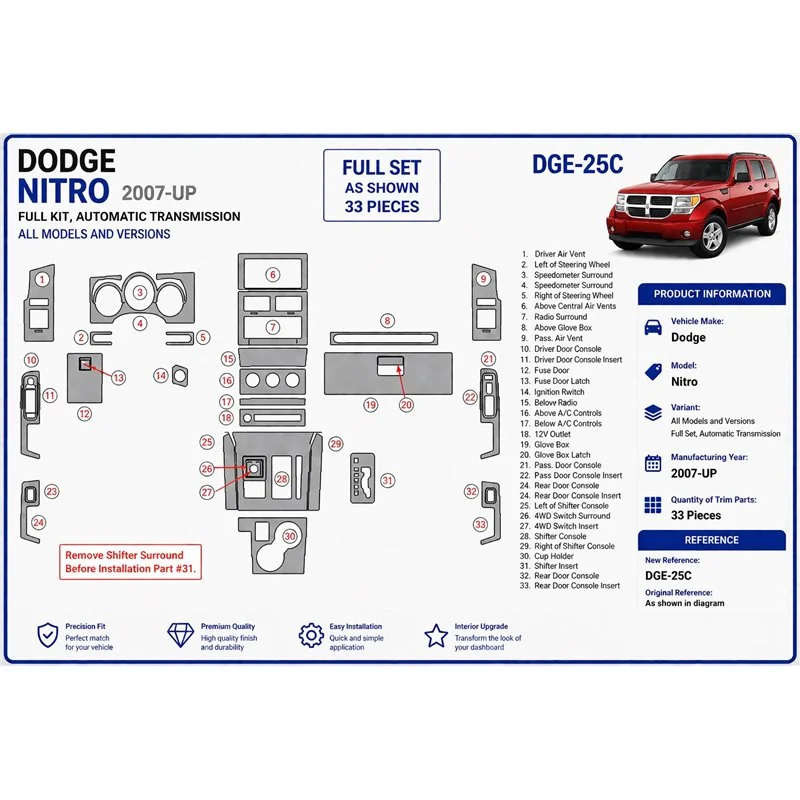 Dodge Nitro 2007+ complete set, automaat 3D dashboard sierlijstset
