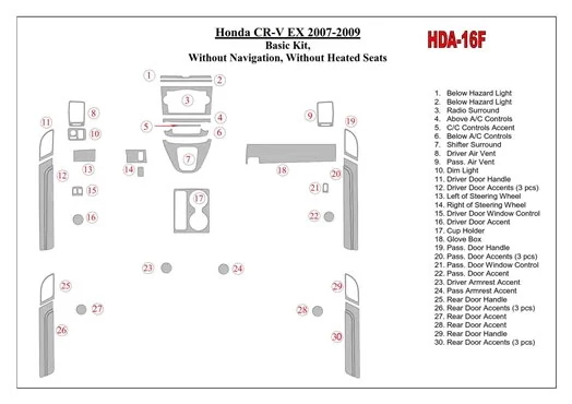 Honda CR-V 2007-2009 Basic Set, Without NAVI, Without Heated Seats Interior BD Dash Trim Kit