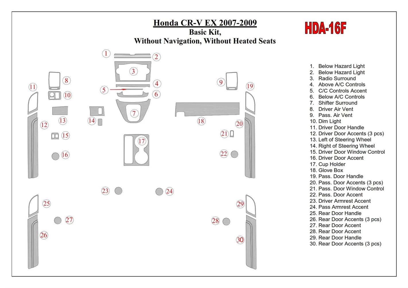 Honda CR-V 2007-2009 Basic Set, Without NAVI, Without Heated Seats BD Interieur Dashboard Bekleding Volhouder