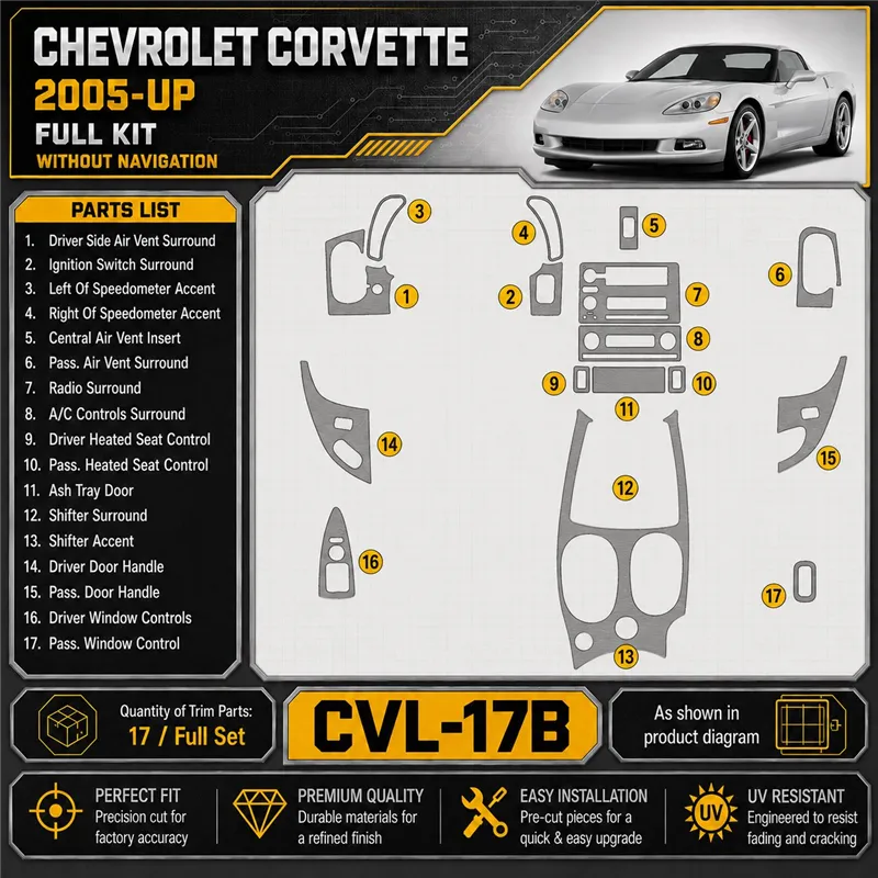Chevrolet Corvette 2005 - à aujourd’hui kit complet, sans navigation system kit décoration intérieure tableau de bord