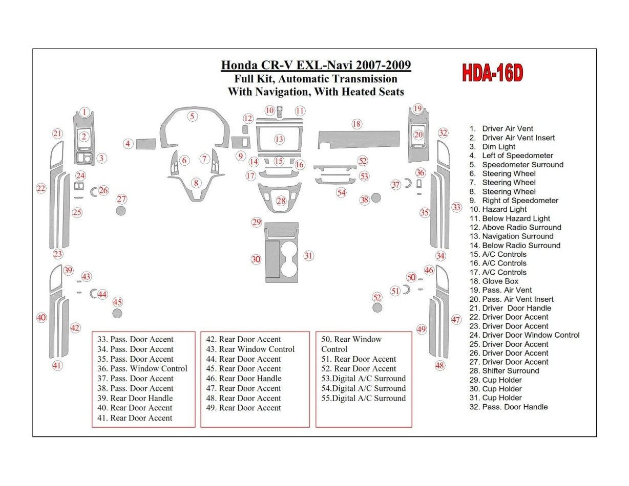 Honda CR-V 2007-2009 Full Set, EXL Model, Automatic Gear, With NAVI,with Heated Seats Interior BD Dash Trim Kit