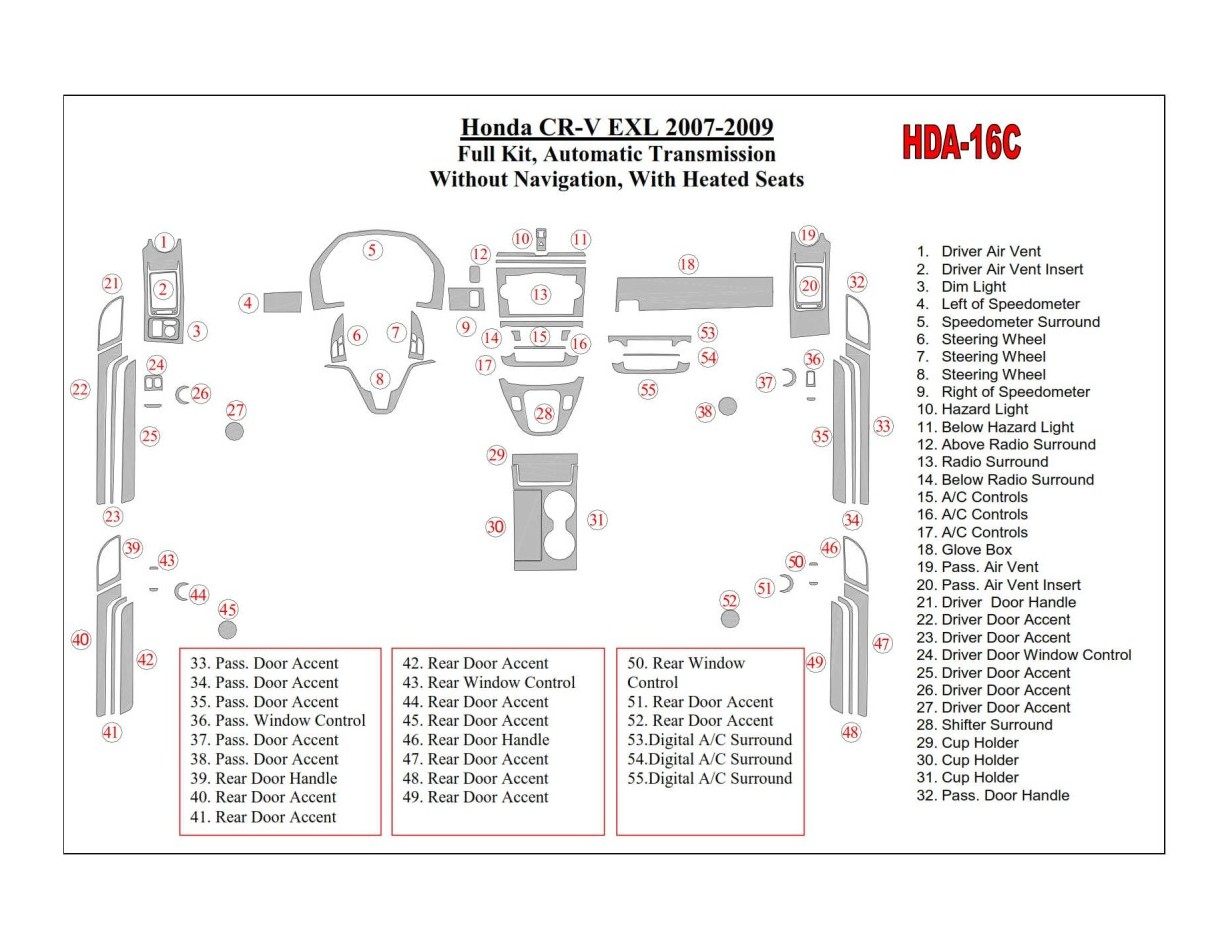 Honda CR-V 2007-2009 Full Set, EXL Model, Automatic Gear, Without NAVI,with Heated Seats Interior BD Dash Trim Kit