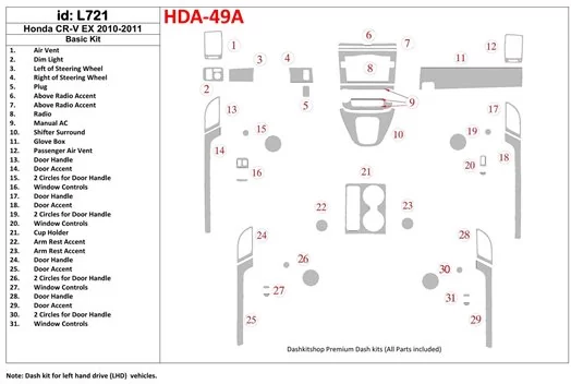 Honda CR-V 2010-UP Basic Set, EX Model Cruscotto BD Rivestimenti interni