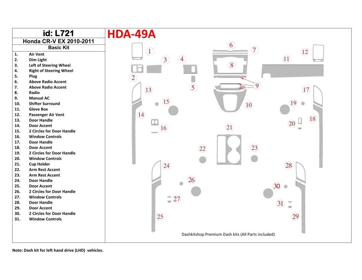 Honda CR-V 2010-UP Basic Set, EX Model BD Interieur Dashboard Bekleding Volhouder