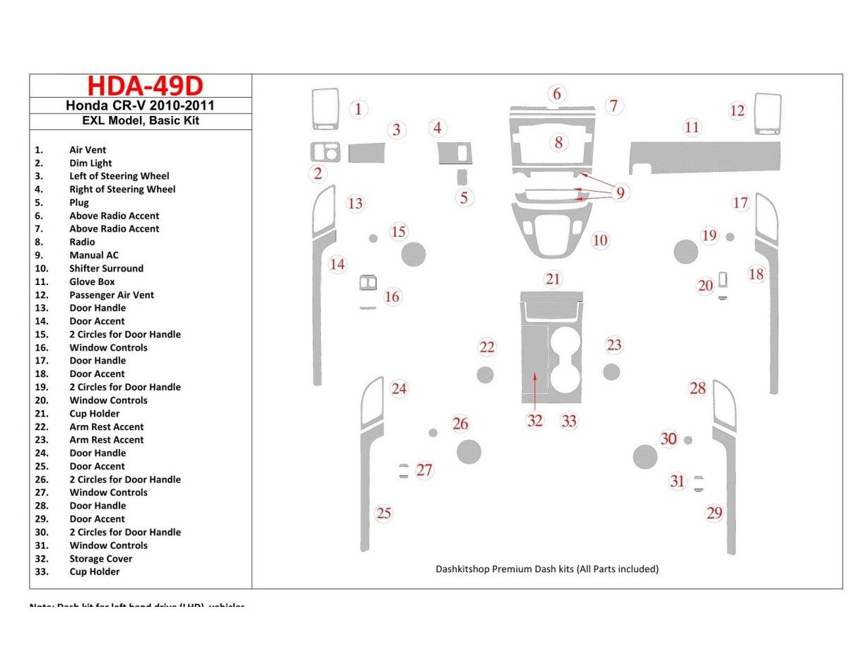 Honda CR-V 2010-UP Basic Set, EXL Model BD Interieur Dashboard Bekleding Volhouder