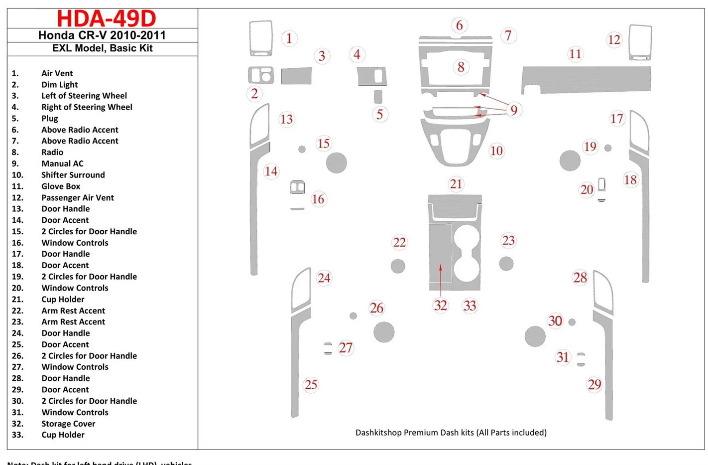 Honda CR-V 2010-UP Basic Set, EXL Model Interior BD Dash Trim Kit