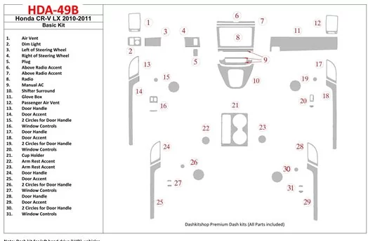 Honda CR-V 2010-UP Basic Set, LX Model BD Interieur Dashboard Bekleding Volhouder