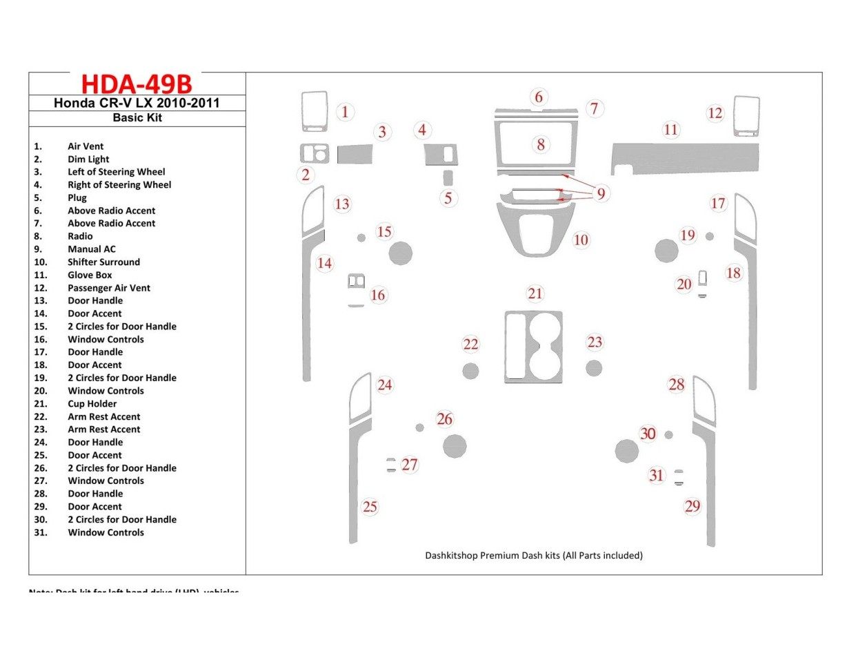 Honda CR-V 2010-UP Basic Set, LX Model BD Interieur Dashboard Bekleding Volhouder