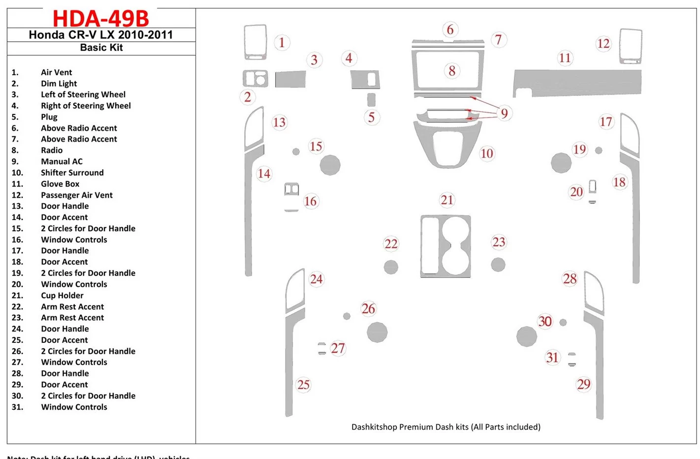 Honda CR-V 2010-UP Basic Set, LX Model Interior BD Dash Trim Kit