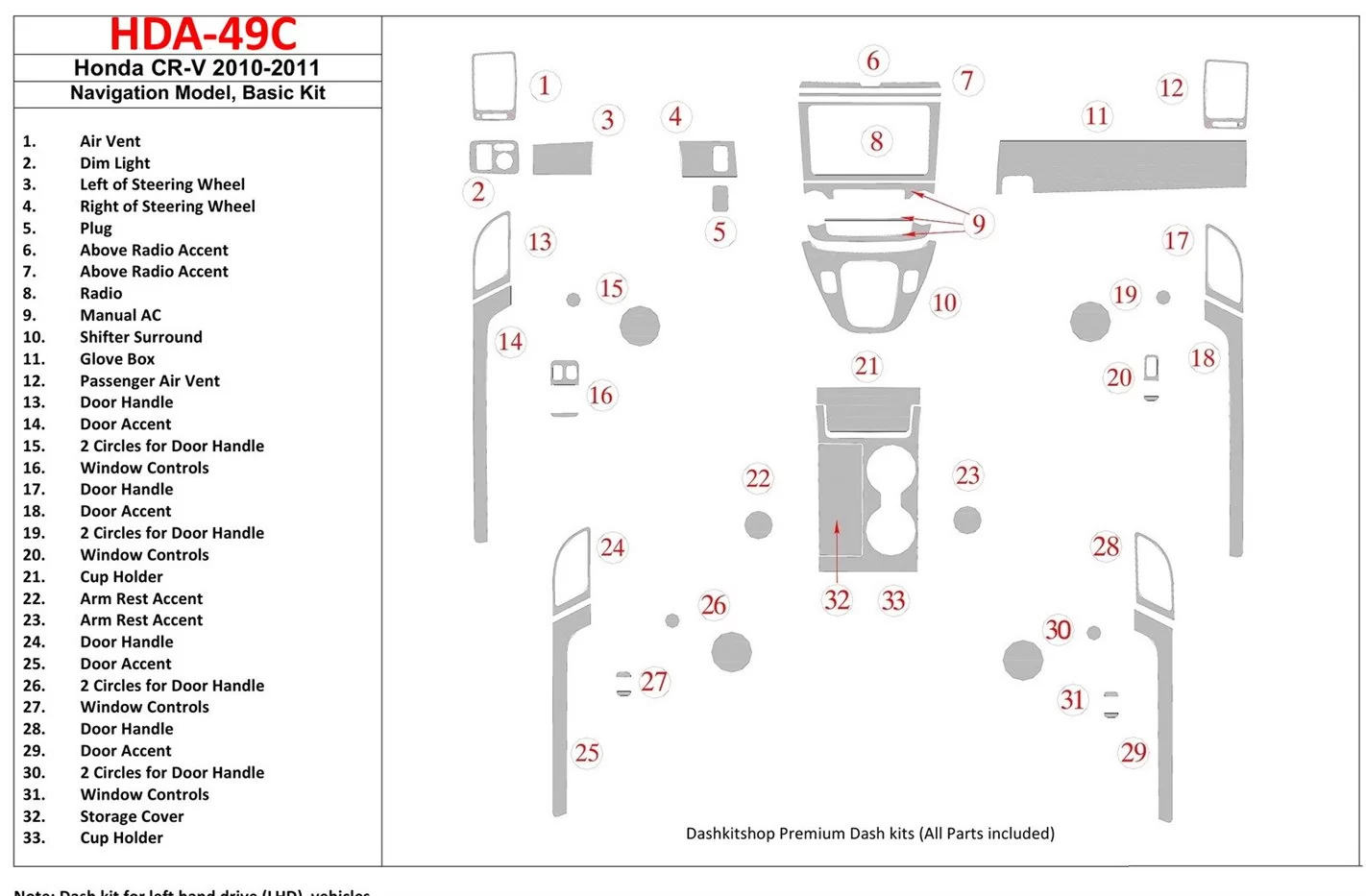 Honda CR-V 2010-UP Paquet de base, Navigation Model BD Kit la décoration du tableau de bord - 1 - habillage decor de tableau de 