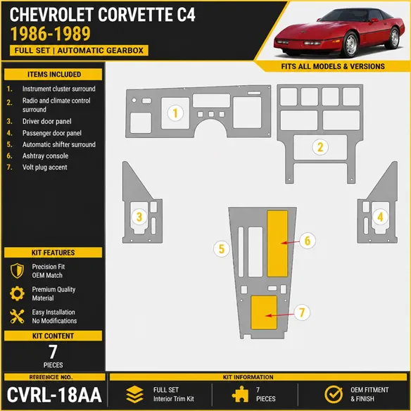 Chevrolet Corvette C4 1986-1989 set completo; cambio automatico kit rivestimento cruscotto e interni 3D