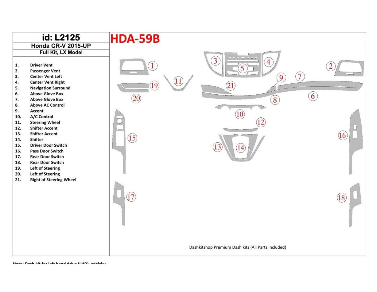 Honda CR-V 2015-UP Full Set, LX Model BD Interieur Dashboard Bekleding Volhouder