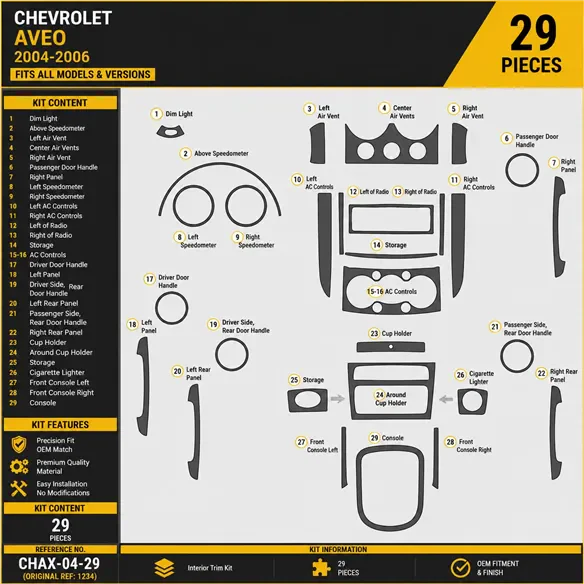 Chevrolet Aveo 2004-2006 3D Interior Dashboard Trim Kit Dash Trim Dekor 29-Parts