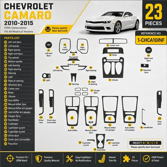Chevrolet Camaro 2010-2015 kit rivestimento cruscotto e interni 3D 23 pezzi