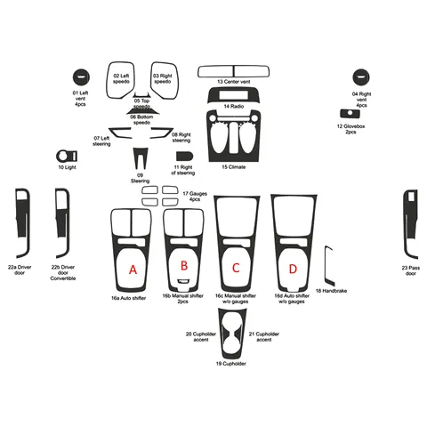 Chevrolet Camaro 2010-2015 kit de molduras interiores para salpicadero 23 piezas 2