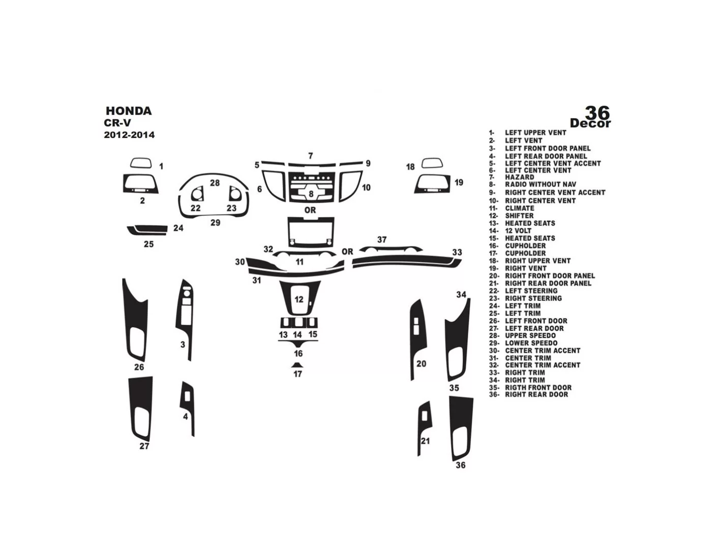 Honda CR-V Mk4 2012-2014 Mittelkonsole Armaturendekor Cockpit Dekor 36-Teilige - 1- Cockpit Dekor Innenraum