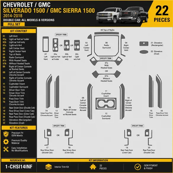 Chevrolet Silverado 1500 Double Cab 2014-2018 Full Set Interior Dashboard Trim Kit Dash Trim Dekor 22 Parts