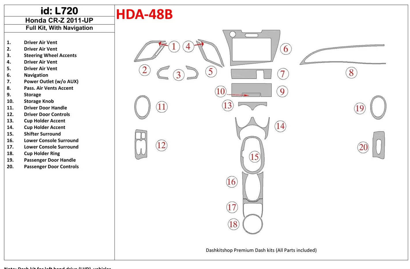 Honda CR-Z 2011-UP Full Set With NAVI Interior BD Dash Trim Kit