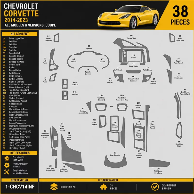 Chevrolet Corvette Coupe 2014-2020 Interior Dashboard Trim Kit Dash Trim Dekor 38 Parts
