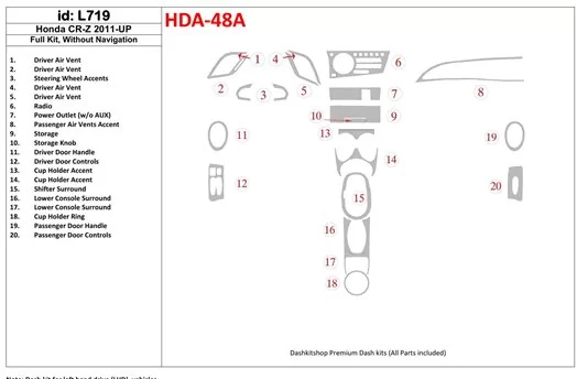 Honda CR-Z 2011-UP Full Set Without NAVI BD Interieur Dashboard Bekleding Volhouder
